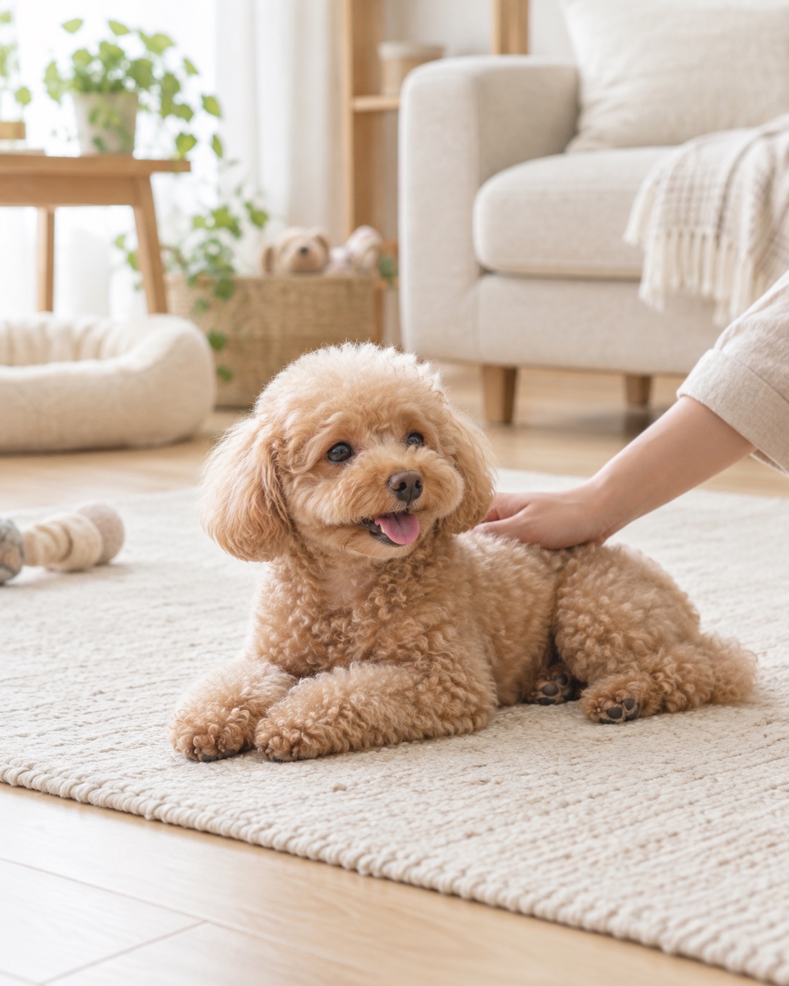 自宅のラグでくつろぎ、やさしくなでられる犬のイメージ