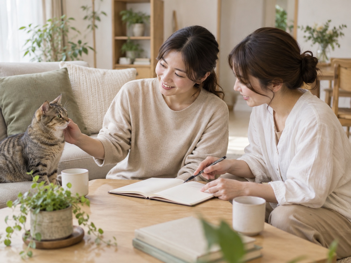猫に寄り添いながらお世話の内容を確認する二人のシッターのイメージ